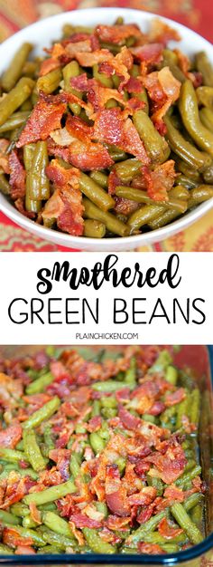 green beans with bacon in a white bowl and another image of the same side dish