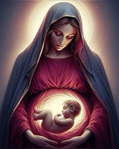 a painting of a woman holding a baby in her arms with the light shining through it