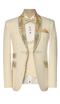 Off White Tuxedo Suit for Party and Wedding Gold Elegant Party Suits, Elegant Gold Party Suit, Formal Gold Tuxedo Sets, Elegant Gold Tuxedo For Festive Occasions, Elegant Gold Blazer For Festive Occasions, Elegant Gold Blazer For Festive Season, Gold Festive Elegant Tuxedo, Elegant Beige Wedding Sets, Luxury Gold Suit For Party