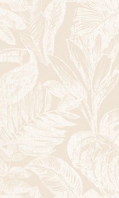 a white and beige wallpaper with large leaves on the bottom half of it,