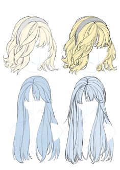 four different styles of wigs with long hair