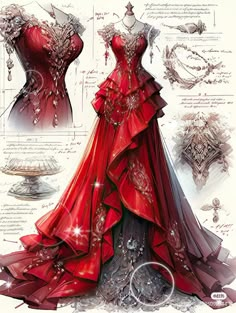 Red Dress Drawing, Dress Design Drawing, Chique Outfits, Fashion Drawing Dresses, Royal Dresses, Clothing Design Sketches, Fashion Illustration Dresses