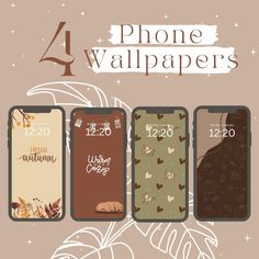 four phone wallpapers with hearts and leaves on the front, one for each