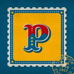 a postage stamp with the letter p in red, white and blue on a yellow background