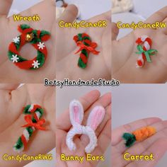 crochet bunny ears, carrots and candy canes are featured in this handmade christmas ornament