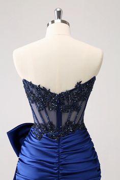 Amzcw Unique Navy Tight Strapless Corset Pleated Short Beaded Homecoming Dress with Bow Hoco Court, Navy Homecoming Dress, White Jumpsuit Wedding, Tight Homecoming Dress, Wedding Pants, Homecoming Dresses Sparkly, Boho Wedding Gowns, Beach Bridal Gown, Homecoming Dance