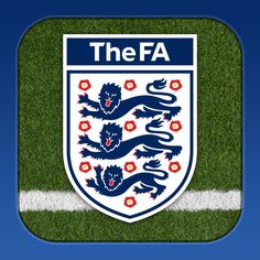 the fa logo on a soccer field with grass in the foreground and blue trim