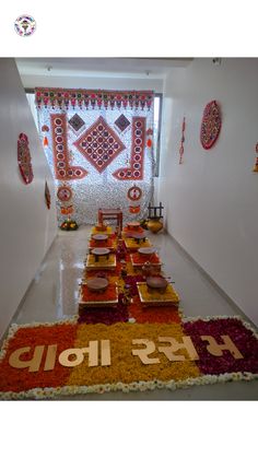 a long table with many plates on it