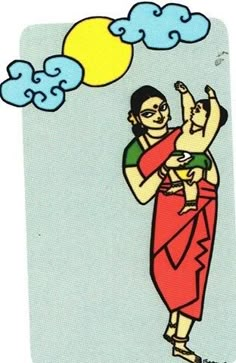 an image of a woman holding a baby in her arms with clouds and sun above