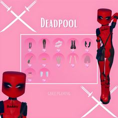 a deadpool character standing in front of a pink background with different outfits and accessories