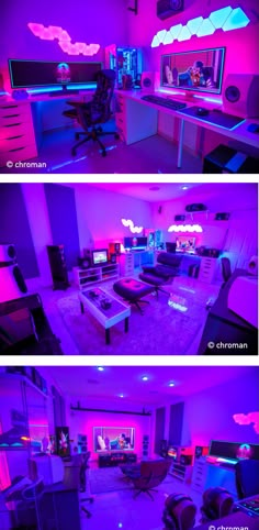 two pictures of a living room with purple lighting