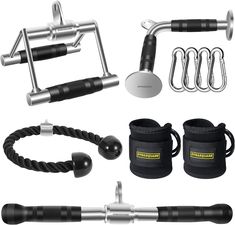 an assortment of different types of barbells, handles, and other equipment for strength training