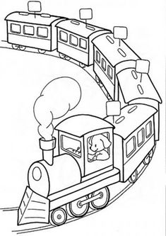 a coloring page with a train going down the tracks and a dog on top of it