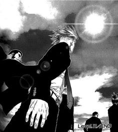 an anime scene with two men standing next to each other and one man looking at the sky