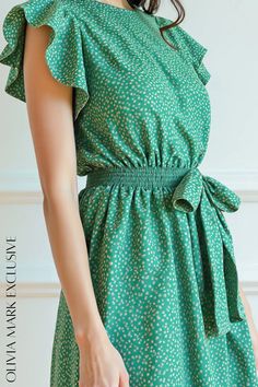 Olivia Mark - Elegant Emerald Green Polka Dot Dress with Ruffled Sleeves and Tie Waist Green Polka Dot Dress, Green Polka Dot, Ruffled Sleeves, Polka Dot Dress, Dot Dress, Olivia Mark, Emerald Green, Polka Dot, Emerald