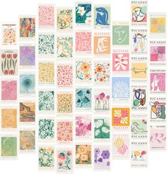 a collage of stamps with flowers and animals on them, all in different colors