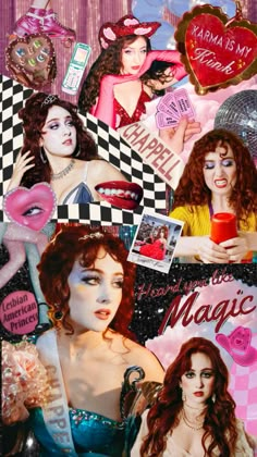 a collage of photos with women in costumes and hair, including hearts, checkered background