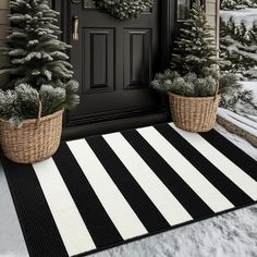 PRICES MAY VARY. CLASSIC PATTERN DESIGN: Black and white stripes are always timeless. TIMO door mat look incredible in a front porch or entryway thanks to the dramatic contrast between the two starkly different colors. Black and white stripes is a classic pick for fall and beyond. While the high-contrast checks complement orange pumpkins and autumnal farmhouse decor, they can also transition easily into rustic Christmas decorations. Perfect for front door decorations NON-SLIP TPR BACKING: This i Black And White Front Porch Decor, Pattern Design Black And White, Layered Doormat, Front Porch Rugs, Striped Outdoor Rug, Classic Pattern Design, Patio Farmhouse, Rustic Christmas Decorations, Farmhouse Porch Decor