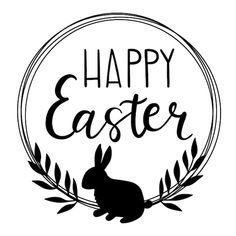 a black and white happy easter sign with an image of a rabbit in the center