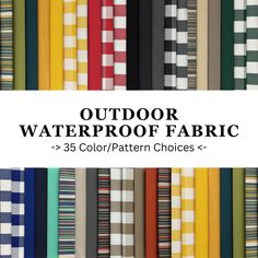 an image of outdoor waterproof fabric in various colors and patterns with text overlay