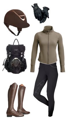 an assortment of equestrian gear including riding boots, hat and gloves