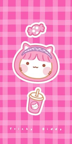 a pink wallpaper with an image of a cat drinking from a cup and the words kitty