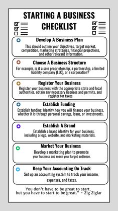 a business checklist with the words starting a business checklist written below it,