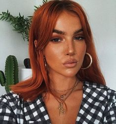 Cooper Hair On Olive Skin, Orange Hair Cool Skin Tone, Rusty Orange Hair, Copper Hair Dark Eyebrows, Black To Ginger Hair, Ginger Hair Dark Eyebrows, Ginger Long Bob, Copper Hair Dark Roots, Brownish Orange Hair