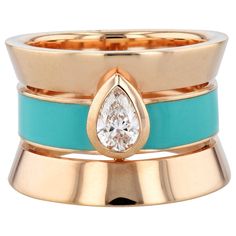 This sophisticated Diamond and Enamel 18K Pink Gold 3-Band Ring exudes elegance with a Pear Shaped Diamond, 3-band design featuring an air line center band in green enamel, and crafted from 18 karat Rose Gold. Diamond and Enamel 18K Pink Gold 3-Band Ring. 0.41ct F-VS Pear Shaped Diamond. 3-band ring with Air Line. Center band is green enamel. 18 karat Rose Gold. Size 6.5 SKU:  22089 117-A731 Wedding Brooch, Band Design, Pear Shaped Diamond, Green Enamel, Pendant Rings, Art Deco Jewelry, 18k Rose Gold, Diamond Wedding, Pink Gold