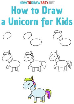 how to draw a unicorn for kids with the title, how to draw a unicorn for kids