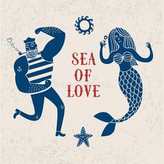 two mermaids are dancing with the word sea of love in front of their faces