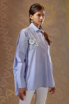 Shop for Bunka Blue Cotton Poplin Alizeh Placement Embroidered Shirt for Women Online at Aza Fashions Trousers Details, Garment Care Labels, Clothing Labels, Full Sleeves, Shirt For Women, Western Outfits, Embroidered Shirt, Indian Outfits, Aza Fashion