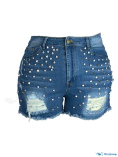 Orcajump - Plus Size Casual Denim Shorts, Women's Plus Solid Rhinestone Studded Ripped Raw Trim Button Fly High Rise Skinny Denim Shorts Denim Bottoms With Rhinestones Short Length, Denim Bottoms With Rhinestones, Short Length, Denim Rhinestone-embellished Short Bottoms, Summer Denim Bottoms With Rhinestones, High Rise Denim Bottoms With Rhinestones, Casual Medium Wash Rhinestones Bottoms, Spring Bottoms With Rhinestones In Medium Wash, Casual Rhinestone Short Bottoms, Casual Rhinestones Short Bottoms