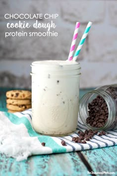 chocolate chip cookie dough protein smoothie in a mason jar