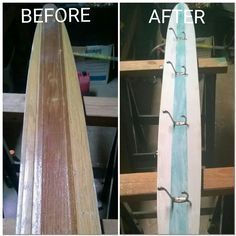 before and after photos of a surfboard being sanded in the process of remodeling