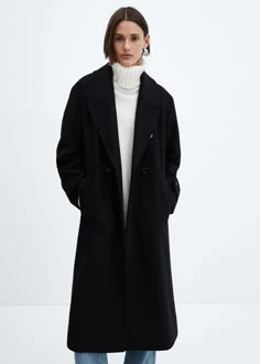 Oversize wool coat - Women | Mango USA Nyc Office Outfits, Wool Coat Outfit, Black Coat Outfit, Oversized Wool Coat, Nyc Outfits, Long Black Coat, Europe Outfits, Wool Coat Women