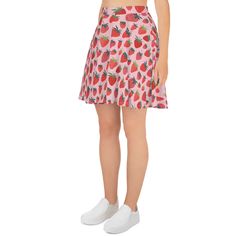 Be comfortable and cute all summer long in this adorable cottagecore skater skirt featuring sweet strawberries. * Q U I C K * F A C T S * ♥ Material: 82% polyester, 18% spandex ♥ Mid-thigh length flared skirt with elastic waistband ♥ Runs true to size * S H I P P I N G * T I M E S * ♥ Our items are individually made with love for each of our buyers. ♥ We're work as quickly as possible, but we realize speed is important to our customers! Our processing time is UP TO 7 business days but typically Casual A-line Tennis Skirt For Summer, Kawaii Fitted Mini Skirt For Summer, Fitted Kawaii Mini Skirt For Summer, Summer Kawaii Fitted Skirt, Kawaii Fitted Summer Skirt, Cute Flared Summer Skirt, Cute Flared Skirt For Summer, Cute Flowy Skirt For Summer, Kawaii Mini Length Bottoms For Summer