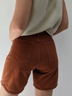 Vintage high rise denim short in a beautiful burnt sienna colored denim fabric. Sweet paired with our Milo Pima Cotton Vest. Tag reads Forelli Denim / Made in USA If you would like additional info or images prior to final sale purchase please reach out to vintage@naninstudio.com. Vintage items may come with minor flaws due to pre loved wear. Color of product may slightly vary compared to photo due to lighting. Please enjoy and appreciate this item with its character. Vintage items are FINAL SALE Knit Outerwear, Burnt Sienna, Cotton Vest, High Rise Denim Shorts, Line Shopping, Denim Short, High Rise Denim, Colored Denim, Dress Suits