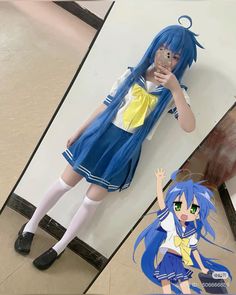 an anime character is taking a selfie with her cell phone in front of a mirror