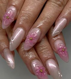 Nailspo Summer, Flower In Nails Acrylic, Nail Inspo Summer Flower, Nails Idea Summer, 3d Flower Nails Simple, Clear 3d Flower Nails, Pink Nails With Gold Gems, Flower Gel X Nails, Flower Nail Inspo Acrylic