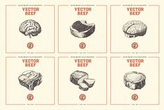 six different types of beef with the names and their corresponding parts in red, black and white