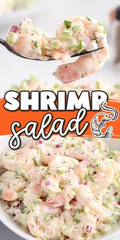 shrimp salad on a fork with text overlay