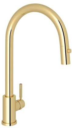 a gold faucet on a white background with the handles extended and nozzles