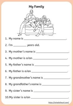 a worksheet with the words my family and two children sitting on a couch