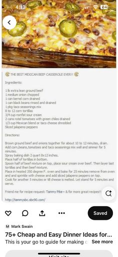 an image of a recipe for dinner on the app store's facebook page, with text below it