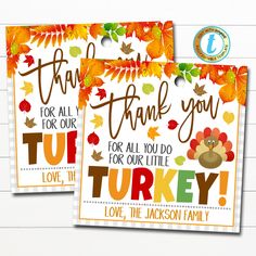 two thank you cards with autumn leaves and pumpkins on them, one for all to do