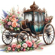 a painting of a horse drawn carriage with flowers