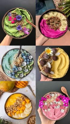 Smoothie bowls, acai bowls, fruit bowls, health bowls, granola, frozen, playa bowls, colorful, smoothie, fruit, strawberry, mango, banana, blueberry, spiralina, coconut, tropical, blended, cold snack, healthy treat Health Bowls, Cold Snack, Açai Bowls, Açaí Bowls, Smoothie Fruit, Tropical Food, Fruit Strawberry, Snack Healthy, Acai Bowls