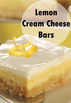 lemon cream cheesecake bars on a plate with the words lemon cream cheesecake bars above it