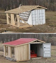 two pictures side by side one with a shed and the other has a red roof